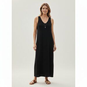 Eileen Fisher Black Maxi Dress Small S/P Sleeveless V-Neck Knit Back Slit V-Neck